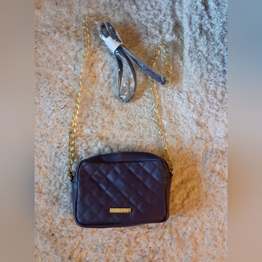 IMAN Quilted Purple Crossbody Bag with Gold Chain